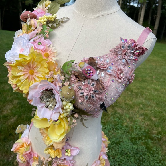 Floral Embellished Pink and Yellow Rose Fairy Monokini Dress Costume - Picture 5 of 8